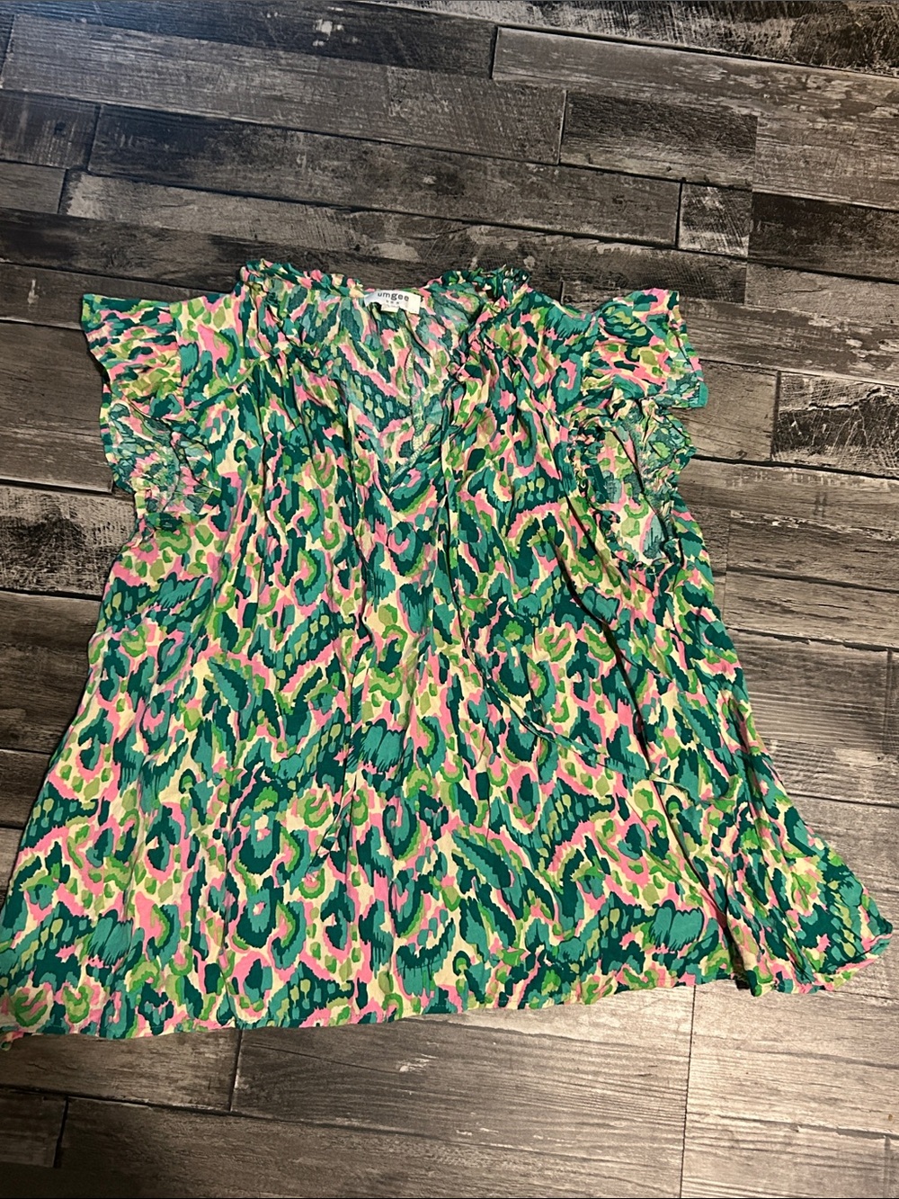 Umgee Green Pink Yellow Abstract Ruffle-Neck Blouse